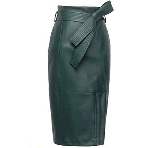 Faux Leather Pencil Skirt - Dark Green with Tie